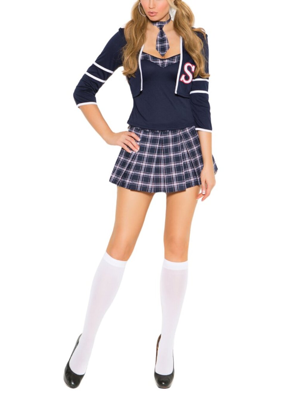 Schoolgirl Costume Navy Plaid Pleated Micro Mini Skirt Tie Jacket Large - Picture 4 of 9